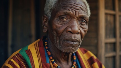 Senior man portrait with colored shirt and necklace. Dark skin texture shown in close up view, silver short hair detailed.