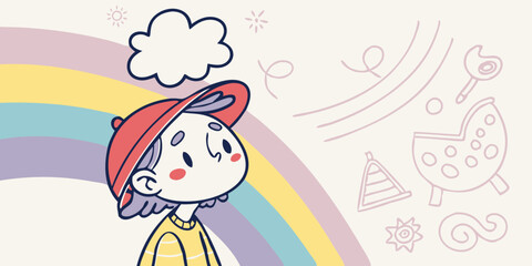 Colorful cartoon illustration of child with an umbrella walking under rainbow for children's websites and blogs about weather or topics of happiness and imagination.