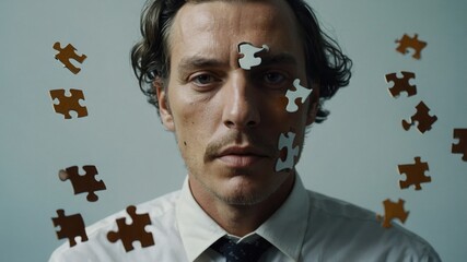Man face with flying puzzle pieces. Light shirt with dark tie. Dark hair and serious look. Puzzles are brown and white on face. Light blue background.