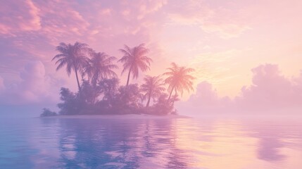 A beautiful sunset over an island with palm trees