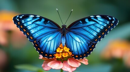 Fototapeta premium Vibrant blue butterfly on pink flower.