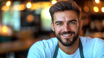 Fototapeta premium Man with a beard and a smile is sitting at a table
