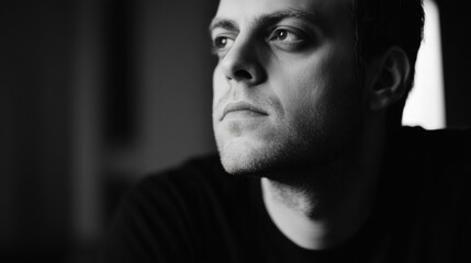 Obraz premium Black and white close-up portrait of a pensive young man looking upward, thoughtful expression, dramatic lighting.