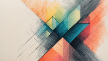 Colored Squares Pencil Drawing. Orange yellow blue and dark grey geometric shapes overlap and create abstract design with sketchy lines.
