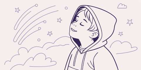 A child in a hooded sweatshirt.Doodle or linart style illustration. A thoughtful and introspective image perfect for emotional storytelling, youth blogs and weather related topics.