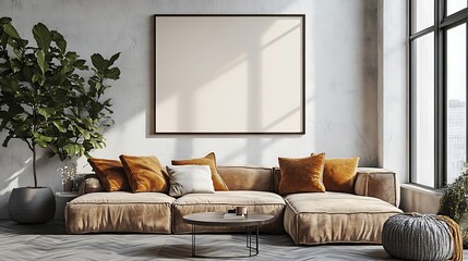 A mockup of an empty poster frame on the wall in a living room with brown and beige couches, neutral colors, minimalist decor, white walls, and a modern style.