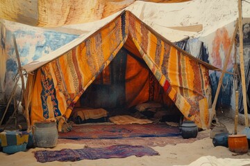 Fototapeta premium Bedouin Tent in Sahara Desert: Nomadic Home in Morocco's Heat