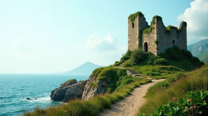 A Picturesque Coastal Ruin Stone Tower Overlooking Serene Ocean Waters, Path Leading to Ancient Structure on Rocky Cliffs
