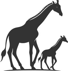 Giraffe with a baby giraffe walking vector illustration silhouette