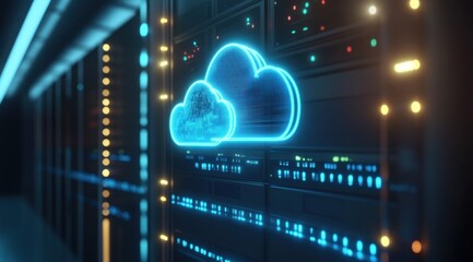 Glowing blue cloud icon on a background with a server rack in a data center closeup. Concept for online services, cloud computing, or digital storage technology.
