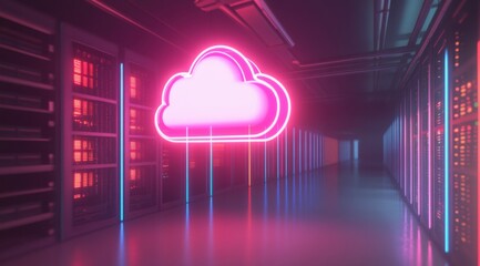 Glowing neon cloud icon in a modern data center room with a computer server background. Cloud computing technology concept.