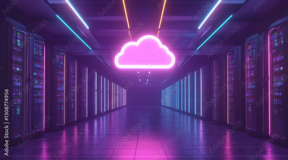 Poster Glowing neon cloud icon hovering over rows of futuristic server equipment in a data center server room, with powerful, bright and colorful lighting. Concept of cloud storage and digital technology.