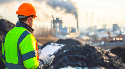 A health and safety officer inspecting the site�s environment to identify hazards and ensure proper safety measures are followed during the construction process