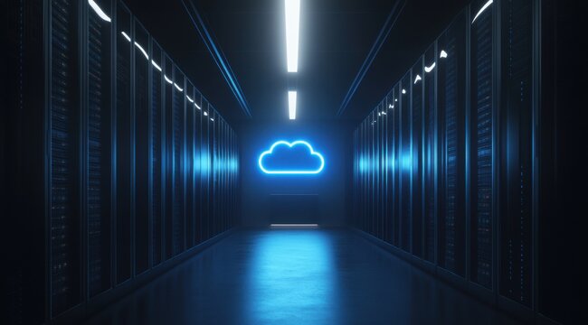 Сloud symbol glowing in the dark, surrounded by a row of uniform black servers with blue lights inside, in a data center room interior background. Concept of cloud storage and digital technology.