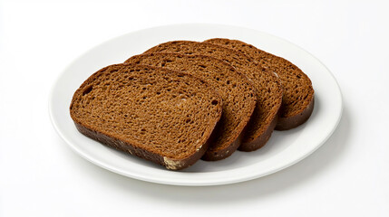 Product photo of dark rye bread slices with butter on a white plate