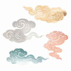 Blue, grey, pink and brown brush stroke texture with Japanese chinses cloud pattern in vintage style. Abstract art landscape banner design with watercolor texture vector.