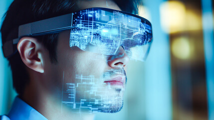 A structural engineer using augmented reality (AR) glasses to view building designs and improve project efficiency on site