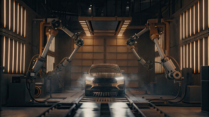 A futuristic vehicle inspection bay featuring advanced robotic arms scanning and analyzing every detail of a car, from the engine to wheels, with digital screens displaying real-time diagnostic data.