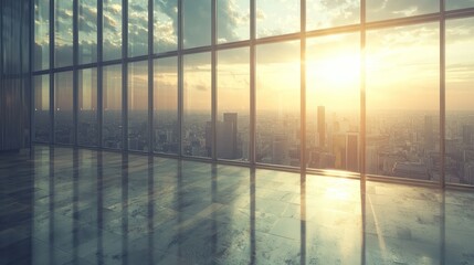 Fototapeta premium Sunset cityscape view from modern office.