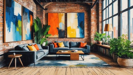 Living room interior with brick walls, blue sofas, and abstract art. Plants add green color. Natural light through window and lamp give warm feeling.