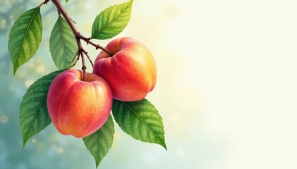Obraz premium Delicate watercolor apricots on branch, lush foliage , organic, sunlight