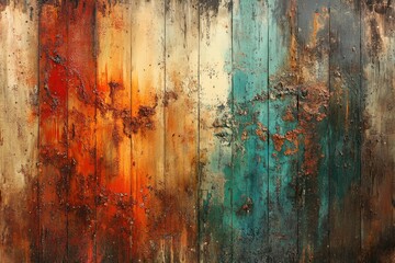 Abstract art depicting textured wooden planks in hues of orange, teal, and brown, showcasing a weathered, aged aesthetic.