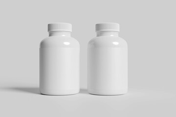 Medicine pill bottle blank. White supplement jar template illustration. Vitamin tablet container design. Realistic pharmaceutical medicament can mockup. Prescription medication packaging