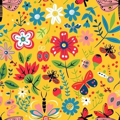 A lively and vibrant seamless pattern featuring an array of blooming flowers, butterflies, and insects on a warm yellow background.