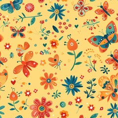 Fototapeta premium A vibrant seamless pattern featuring whimsical butterflies, blooming flowers, and delicate botanical elements in a warm color palette.