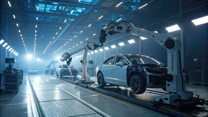 A futuristic vehicle inspection bay featuring advanced robotic arms scanning and analyzing every detail of a car, from the engine to wheels, with digital screens displaying real-time diagnostic data.