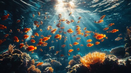 Fototapeta premium Orange fish school swims over coral reef in sunlit ocean (1)