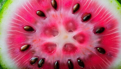 Macro watermelon radish cross-section: surprise inside!  Vibrant pink core, intricate detail. Unexpected beauty. Food, nature, unique.

