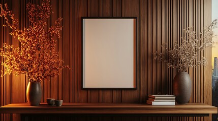 A mockup of an empty white poster frame, sitting on top of a modern wooden desk in front of a vertical wood-paneled wall. 