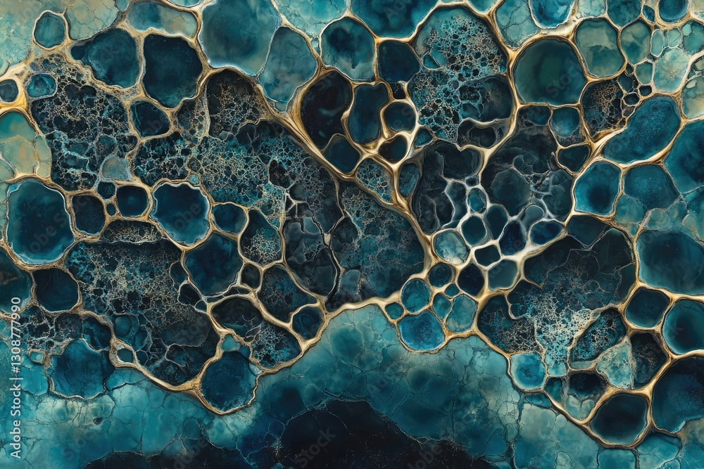 Poster Abstract art depicting a mesmerizing pattern of teal and gold, resembling a complex network of interconnected cells or organic forms.