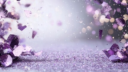 Purple glitter and confetti in a dreamy, ethereal scene with shimmering bokeh lights, perfect for celebrations.