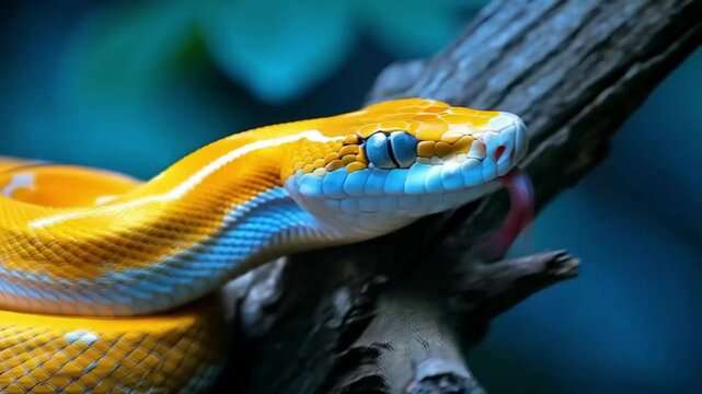 A yellow and white snake is curled up on a branch. smooth repeating motion for background video animation