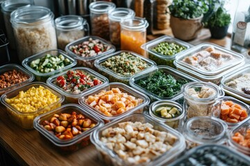 Colorful array of fresh ingredients arranged in containers for c