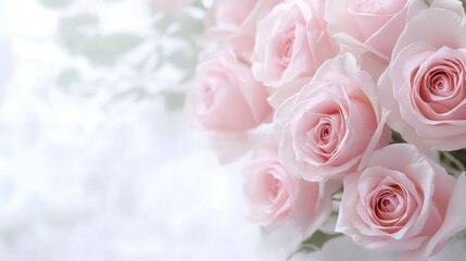 Obraz premium Soft pink roses in full bloom create a serene and romantic atmosphere against a gentle white background.