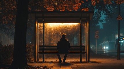 Fototapeta premium Lone Young Man Sitting at a Bus Stop at Night Under Warm Streetlights