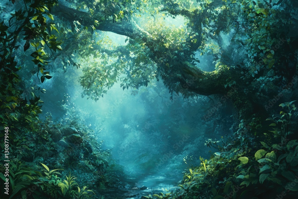 Poster mystical forest scene with lush greenery, sunlight filtering through canopy, and a tranquil stream.