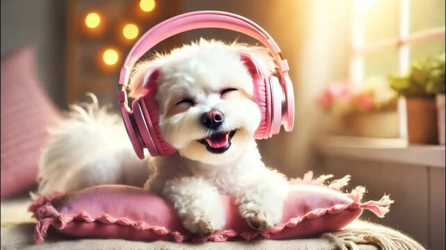 Fluffy dog wearing large pink headphones, sitting with playful expression and blending cute and music-inspired style.
