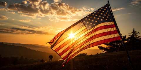 Dramatic sunset flag display american landscape photography nature perspective patriotism