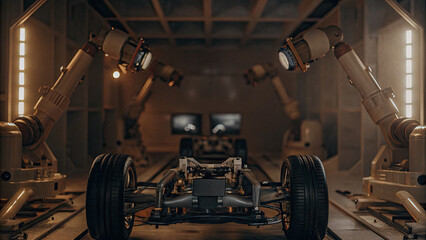 A futuristic vehicle inspection bay featuring advanced robotic arms scanning and analyzing every detail of a car, from the engine to wheels, with digital screens displaying real-time diagnostic data.