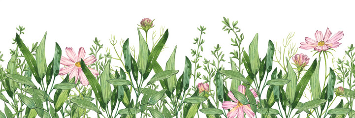 Green leaves and pink flowers seamless border isolated on white. Watercolor illustration. Hand drawn floral design elements of colorful hand drawn lines branches.