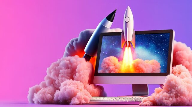 Rocket blasting through laptop display, soaring amid pastel clouds, representing digital entrepreneurship and technological breakthrough Copy space for text video 4k