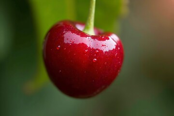 Ripe cherry with glossy red skin and water droplets, green stem, isolated on blurred background. Freshness and natural beauty in focus.