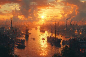 Naklejka premium Sunset harbor city, vintage ships, industrial factory skyline