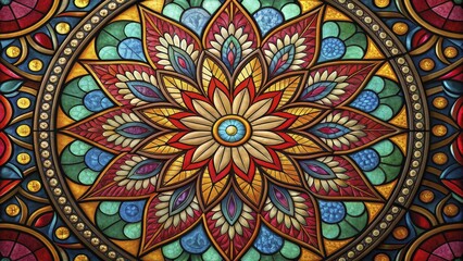 Vibrant stained glass window depicting intricate floral mandala, showcasing vivid colors.