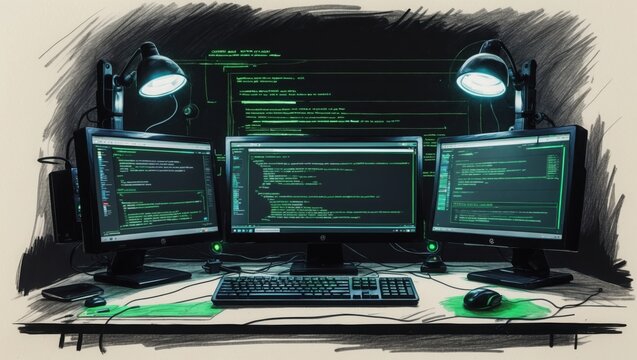 Three computer monitors display green program code under desk lamps, keyboard and mouse sit on desk, black and white sketch with green tint.