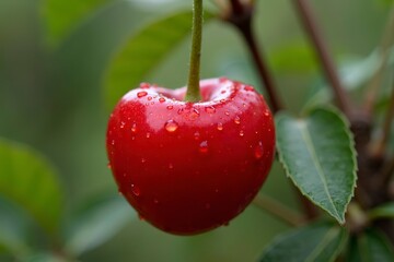 Ripe cherry with glossy red skin and water droplets, green stem, isolated on blurred background. Freshness and natural beauty in focus.
